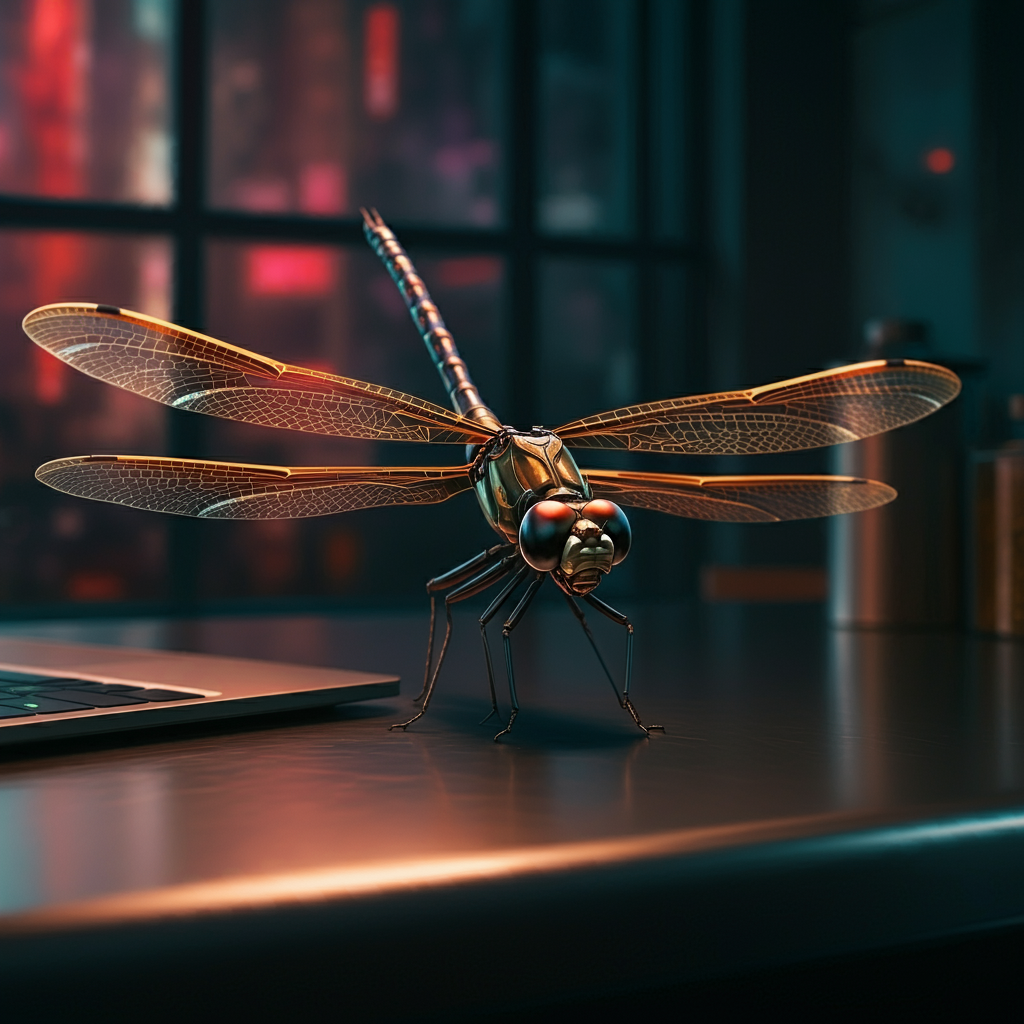 otonata dragonfly overseeing a laptop