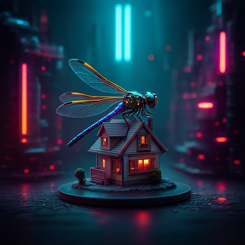 digital dragonfly perched on top of a small house in a protective fashion