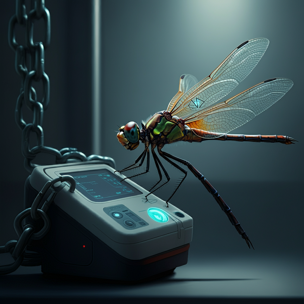 otonata dragonfly inspecting locked medical device