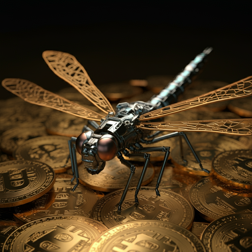 otonata dragonfly atop cryptocoins