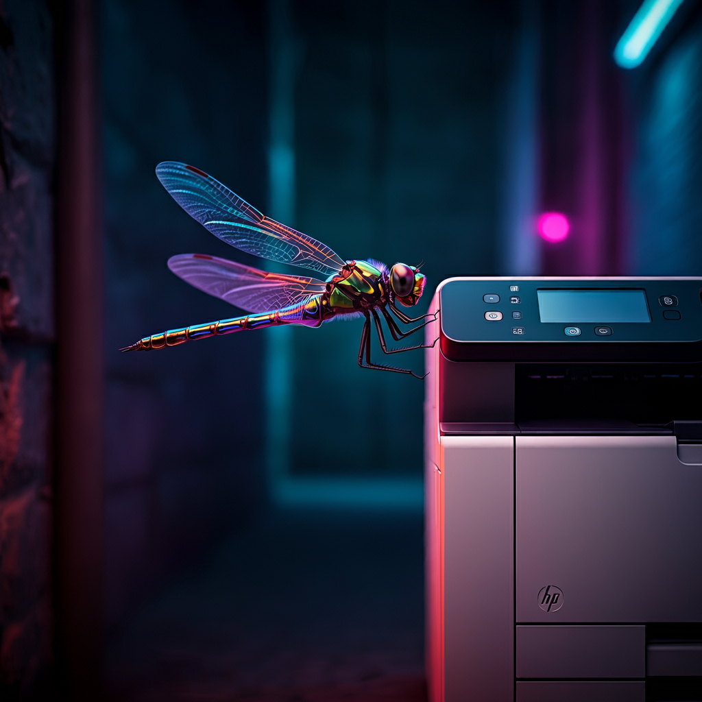 otonata dragonfly inspecting a HP laserjet printer