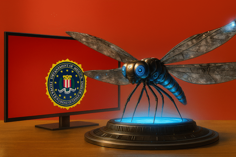 otonata dragonfly with fbi warning on screen