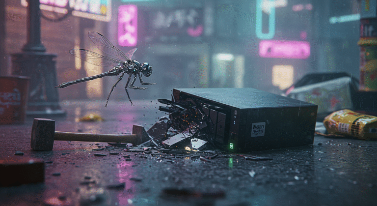 Otonata Dragonfly inspecting a NAS which has been smashed