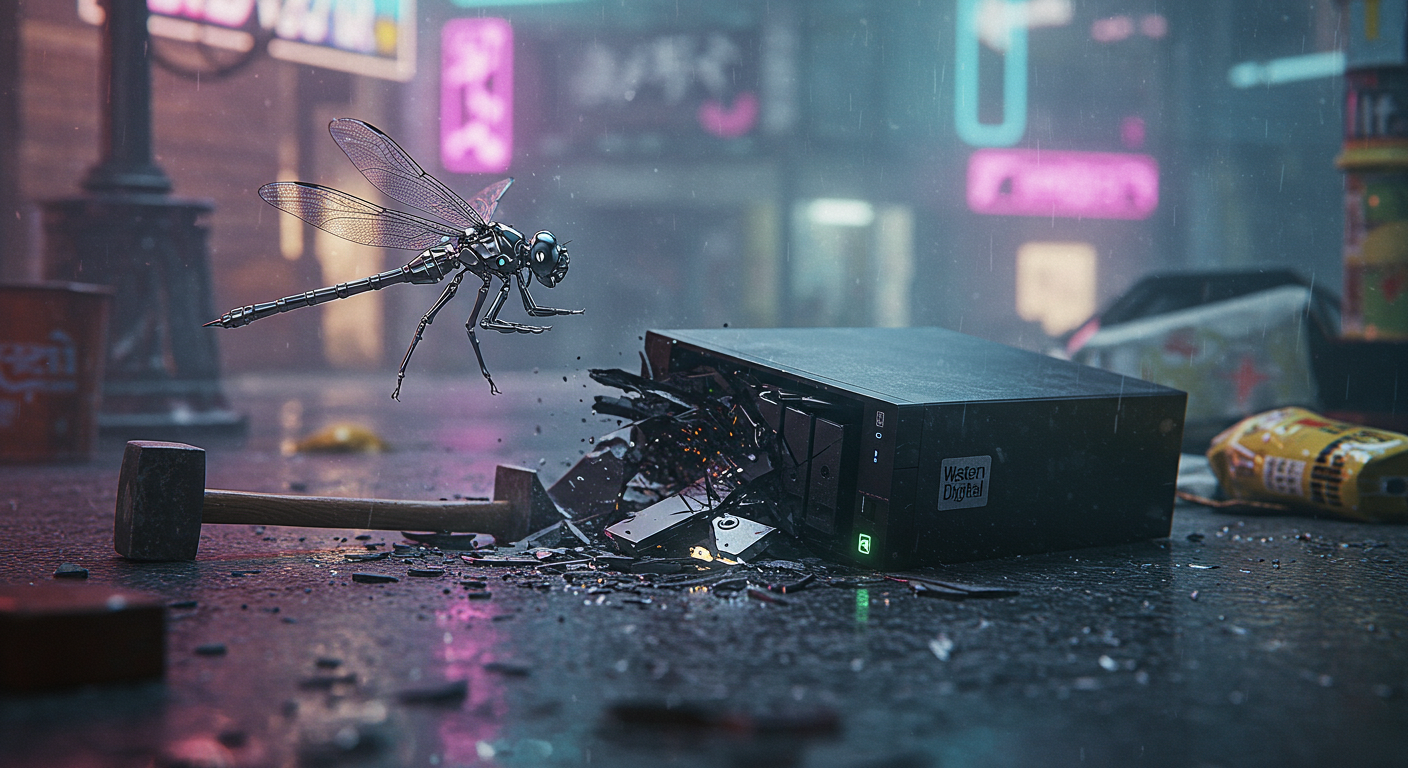 Otonata Dragonfly inspecting a NAS which has been smashed